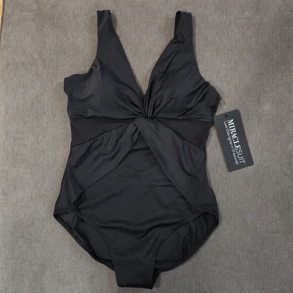 Miraclesuit Women's Black Twist Front Tummy Control One Piece Swimsuit Size 14 - Picture 1 of 11